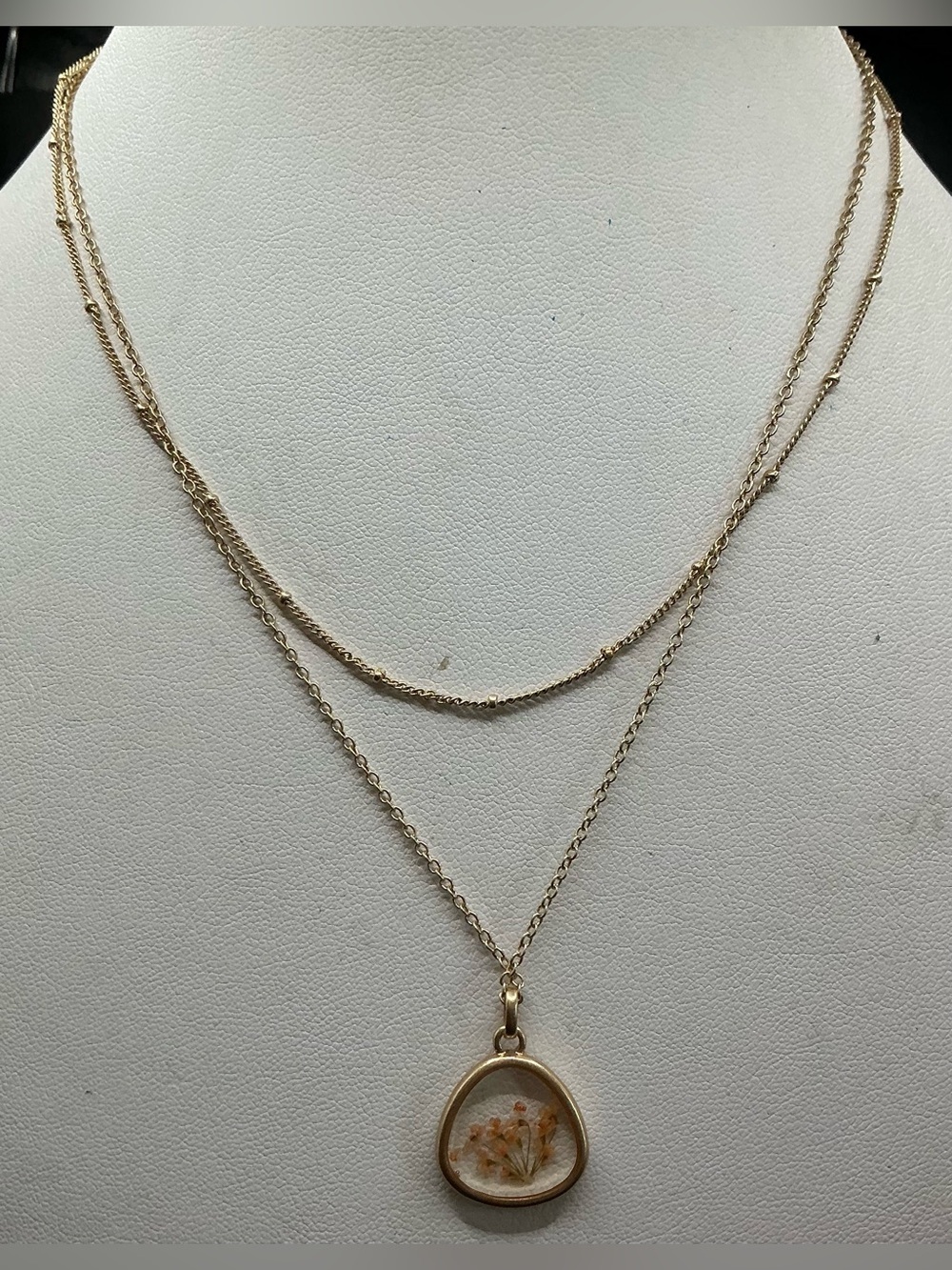 SUCZCH PRESSED FLORAL DAINTY PENDANT DOUBLE LAYER NECKLACE